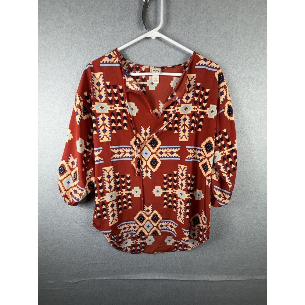 Daytrip Tunic Top Womens Small Orange Tribal Geometric Roll Tab Sleeve Boho